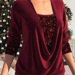 Burgundy glitter sequin top with draped V-neck and long sleeves