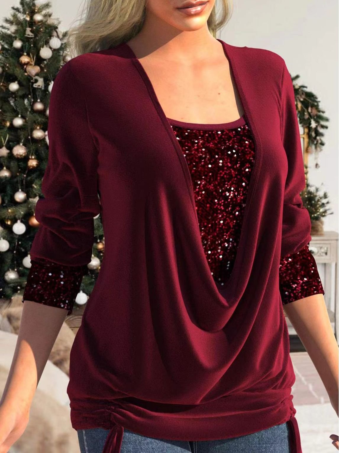 Burgundy glitter sequin top with draped V-neck and long sleeves