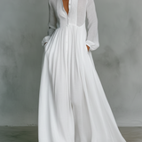 Elisa | Baumwoll- und Leinen-Maxi-Kleid mit Patchwork, hohem Kragen und langen Ärmeln - Minimalistischer Stil