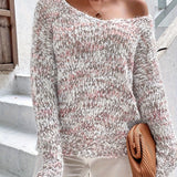 Loose knit pullover sweater with long sleeves, light heather gray speckled texture