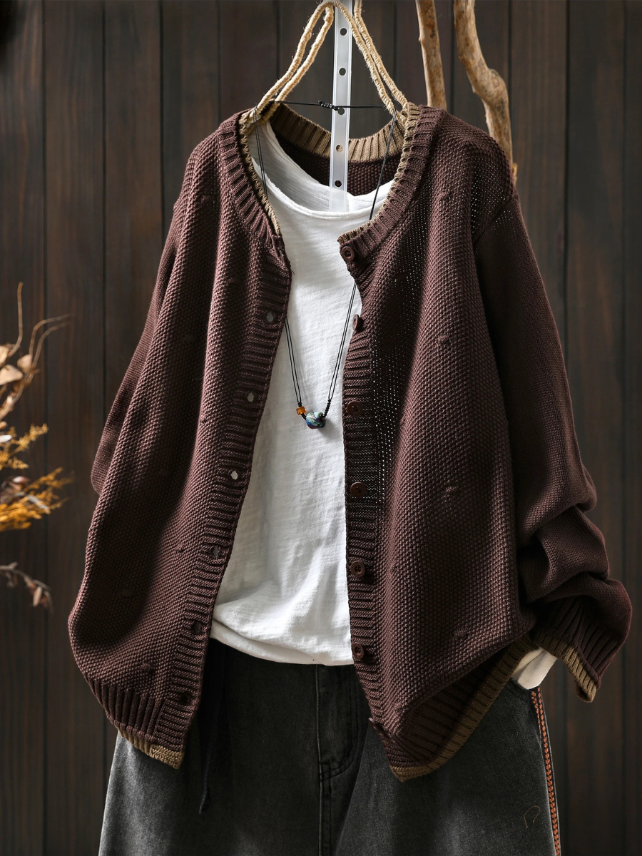 Dark brown structured cardigan with button front and ribbed hem, textured knit