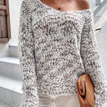 Loose knit pullover sweater with long sleeves, dark heather gray speckled knit front