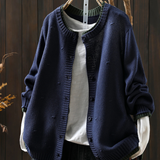 Navy blue structured cardigan with button front and ribbed cuffs, textured knit