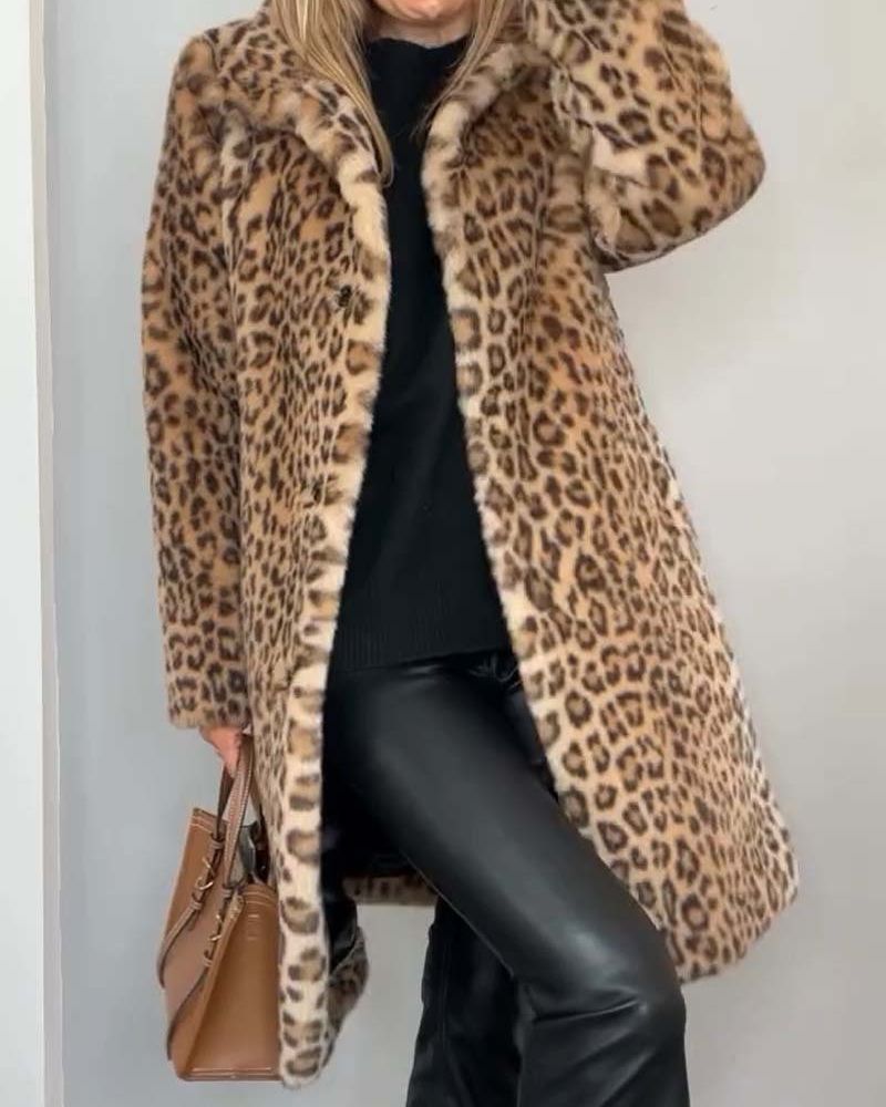 Leopard-print long coat, tan and black faux-fur texture, open front with lapels