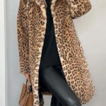 Leopard-print long coat, tan and black faux-fur texture, open front with lapels