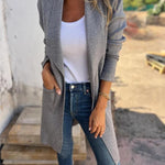 Long open-front revers cardigan in heather gray knit with lapels and pockets
