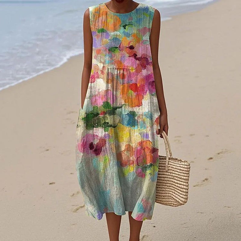 Marwa™ vintage multicolor midi dress, sleeveless with round neckline and watercolor print