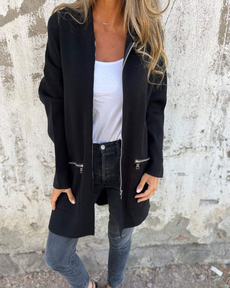 Black hooded zip-front jacket with long sleeves and side zip pockets