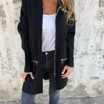 Black hooded zip-front jacket with long sleeves and side zip pockets