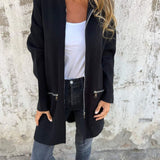Black hooded zip-front jacket with long sleeves and side zip pockets