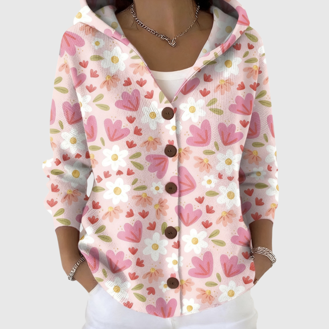 Cozy knit cardigan with hood, long sleeves, button front, colorful heart and flower print