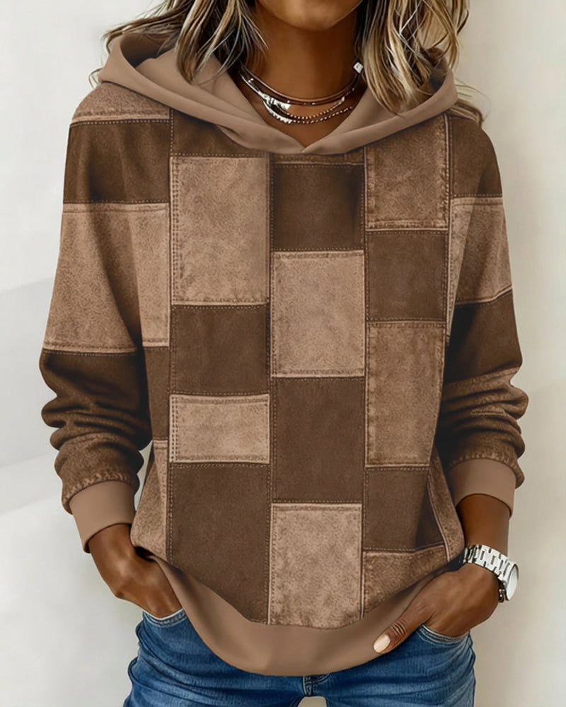 Brown patchwork long-sleeve hoodie with hood and drawstring, front square blocks