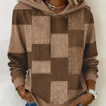 Brown patchwork long-sleeve hoodie with hood and drawstring, front square blocks