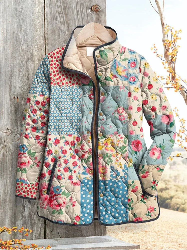 Women's floral quilted casual jacket with patchwork print, button-front and dark trim