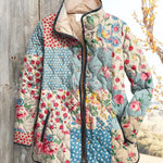 Women's floral quilted casual jacket with patchwork print, button-front and dark trim