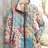 Women's floral quilted casual jacket with patchwork print, button-front and dark trim