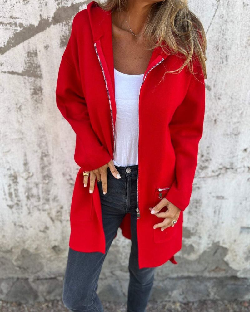 Red hooded zip-front jacket with long sleeves and side zip pockets