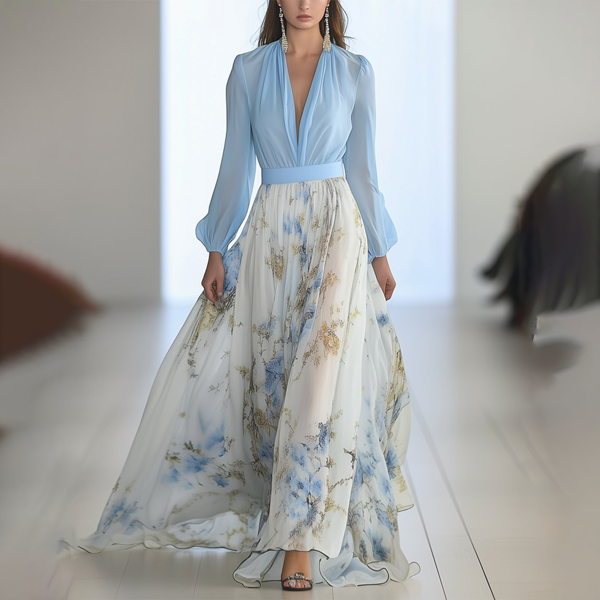 Light blue V-neck maxi dress with long sleeves, floral pleated skirt