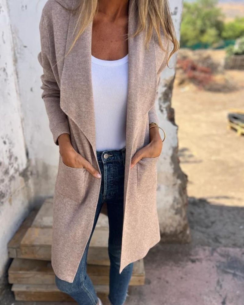 Long open-front revers cardigan in taupe knit with front pockets and lapels