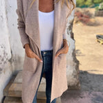 Long open-front revers cardigan in taupe knit with front pockets and lapels