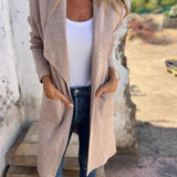 Long open-front revers cardigan in taupe knit with front pockets and lapels