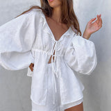 Alexandra™ - Rüschenshirt mit Bindeband & Shorts Set