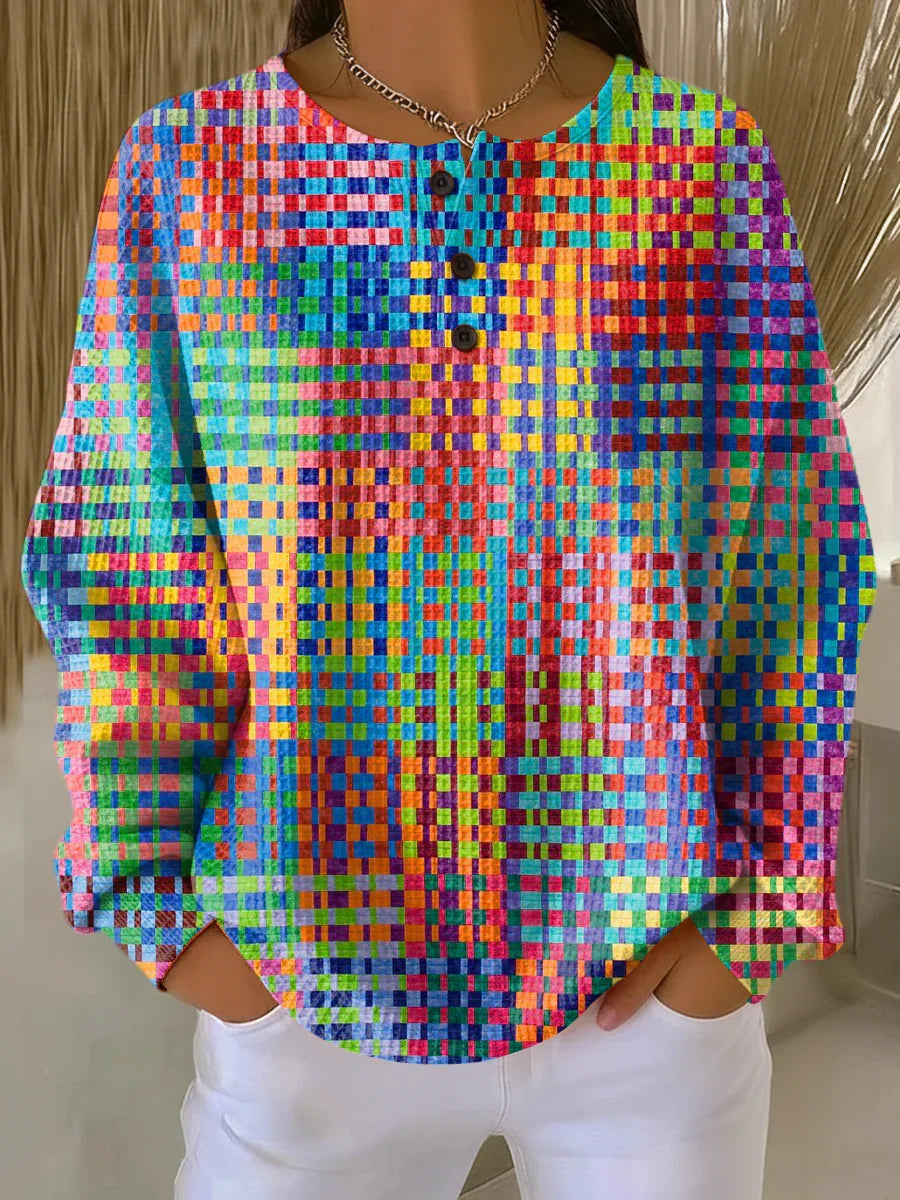 Multicolor plaid-pattern pullover with button placket and long sleeves