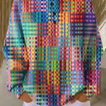 Multicolor plaid-pattern pullover with button placket and long sleeves