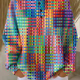 Multicolor plaid-pattern pullover with button placket and long sleeves