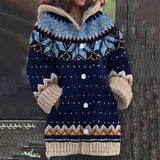 Navy Fair Isle knit cardigan with hood, button front, long sleeves, and ribbed hem