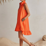 Helles Orange Leinen Halb-Reißverschluss Mini-Kleid mit Rüschensaum und Stehkragen