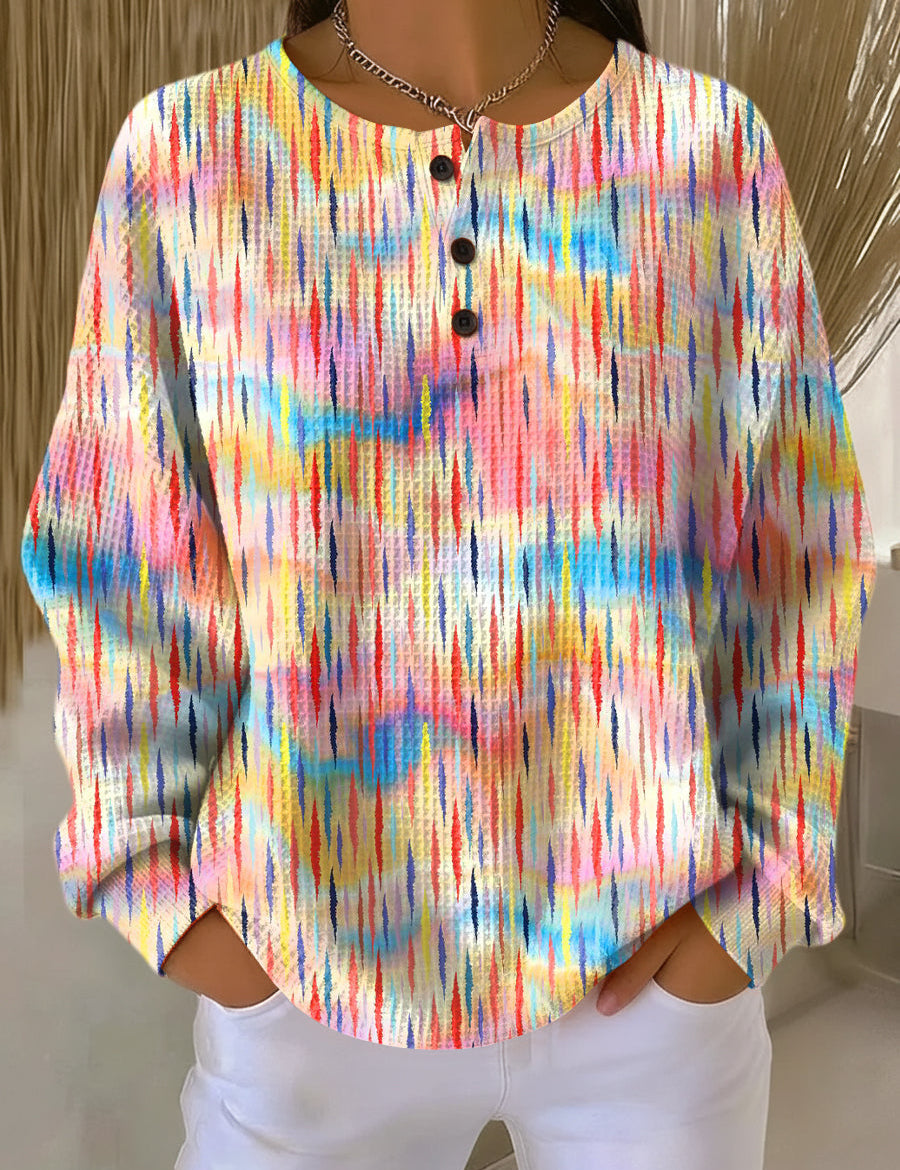 Multicolor droplet-pattern pullover sweater with henley button placket, long sleeves
