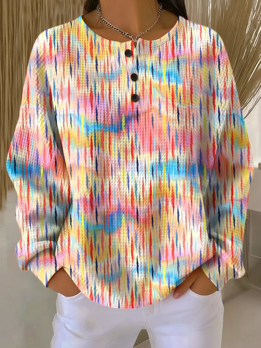 Multicolor droplet-pattern pullover sweater with henley button placket, long sleeves