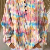 Multicolor droplet-pattern pullover sweater with henley button placket, long sleeves