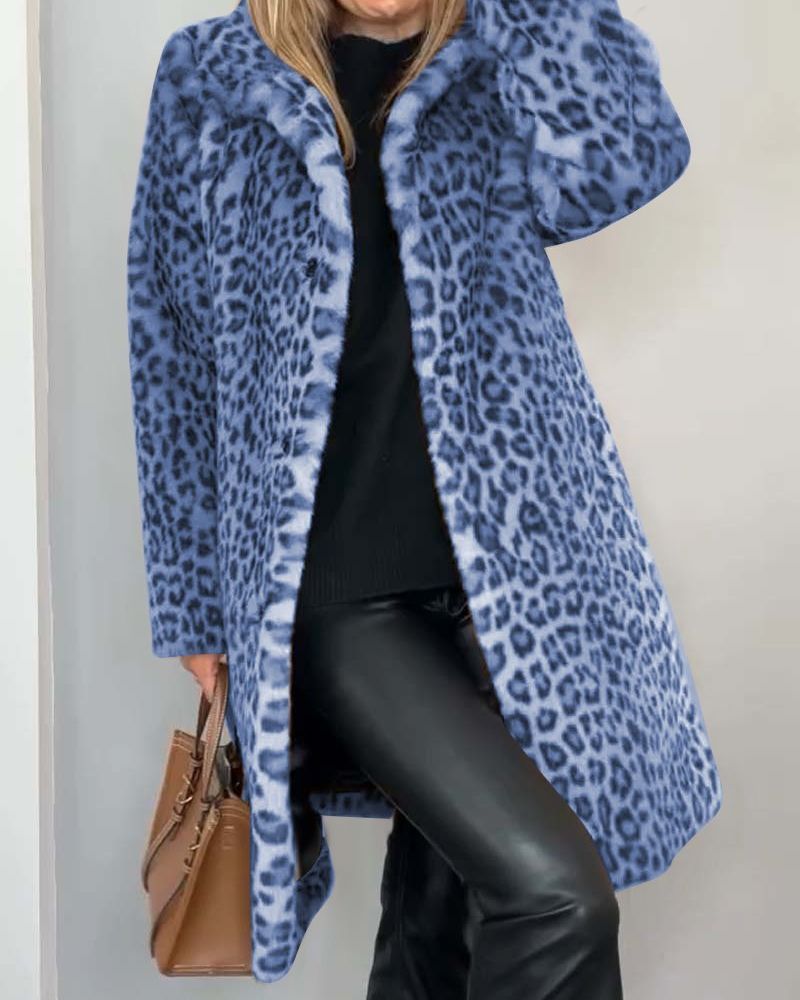 Leopard-print long coat, blue and black faux-fur texture, open front with lapels