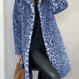 Leopard-print long coat, blue and black faux-fur texture, open front with lapels