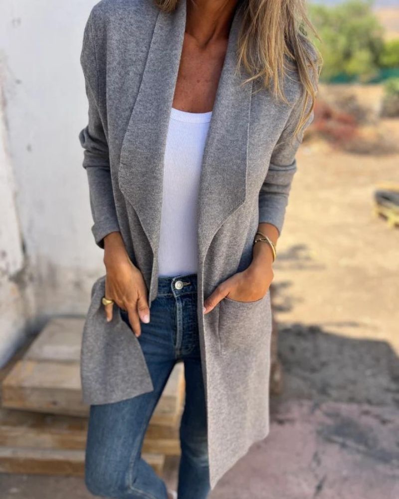 Long open-front revers cardigan in heather gray knit with draped lapels and pockets