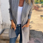 Long open-front revers cardigan in heather gray knit with draped lapels and pockets