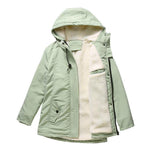 Insulated winter jacket with hood, mint-green shell, plush fleece lining, front zipper