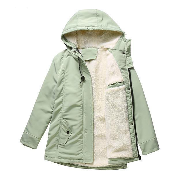 Insulated winter jacket with hood, mint-green shell, plush fleece lining, front zipper