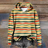 Hoodie with green orange yellow horizontal stripes, oversized hood, long sleeves