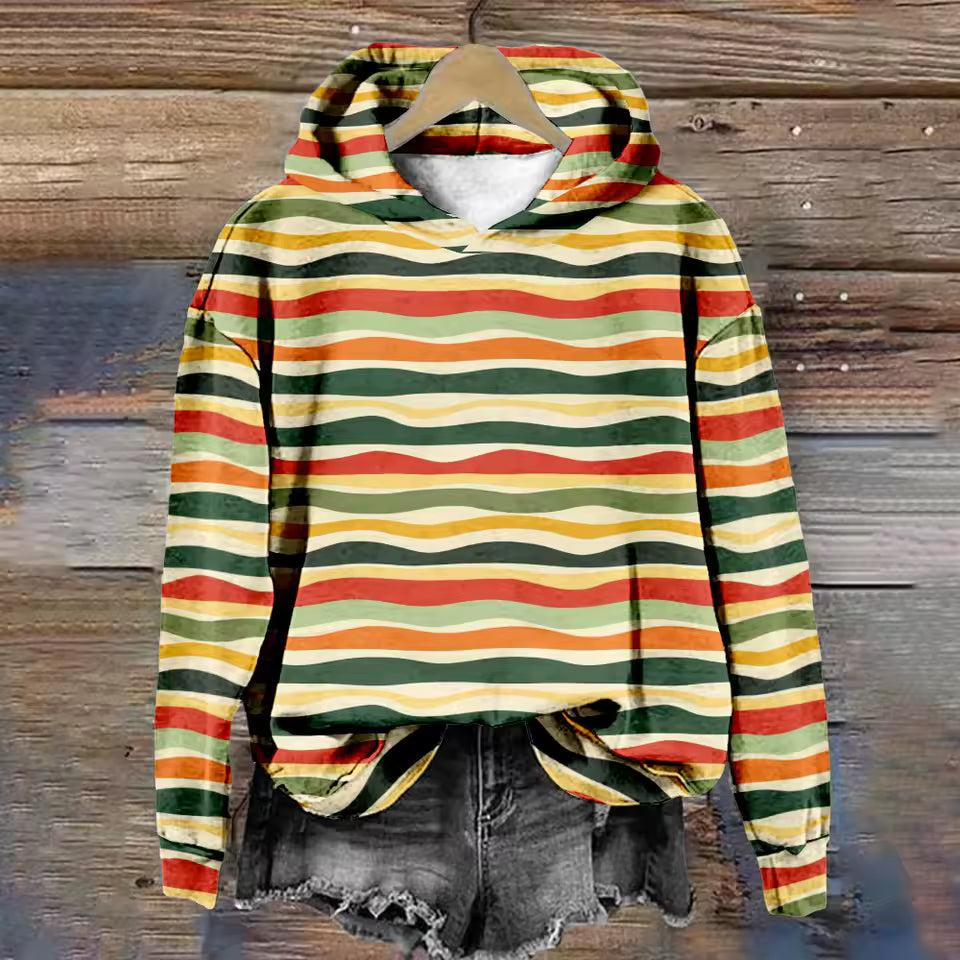 Hoodie with green orange yellow horizontal stripes, oversized hood, long sleeves