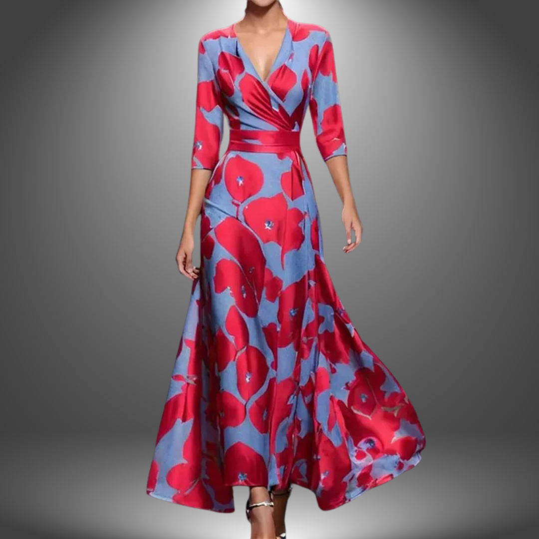 Saffie printed wrap dress, red and blue wrap bodice, midi skirt, 3/4 sleeves