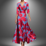 Saffie printed wrap dress, red and blue wrap bodice, midi skirt, 3/4 sleeves