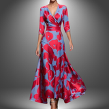 Saffie printed wrap dress, red and blue wrap bodice, midi skirt, 3/4 sleeves