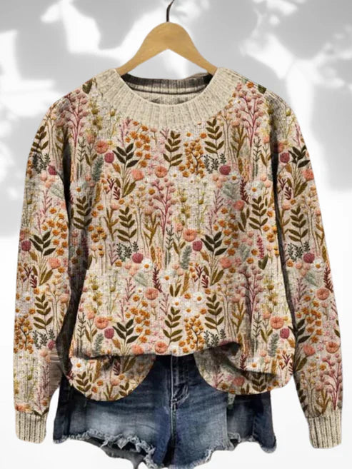 Floral crewneck pullover sweater with ribbed hem and cuffs, long sleeves