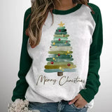 Women's festive pullover with raglan sleeves, crew neck, Christmas tree and 'Merry Christmas' text