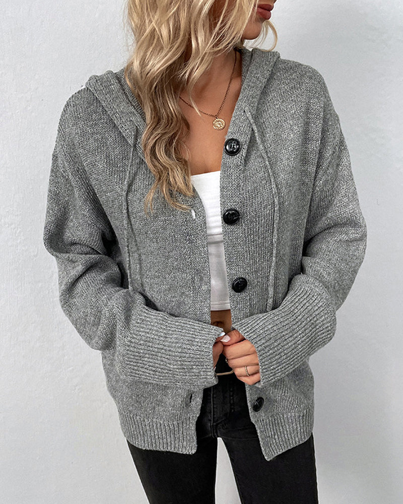 Gray hooded knit cardigan with three-button placket and textured knit pockets