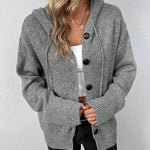 Gray hooded knit cardigan with three-button placket and textured knit pockets