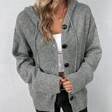 Gray hooded knit cardigan with three-button placket and textured knit pockets